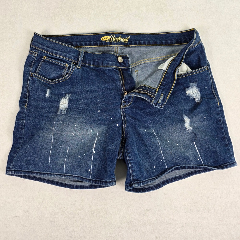 Old Navy Boyfriend Denim Shorts Womens 14 Dark Wash Distressed Paint Splatter 4"